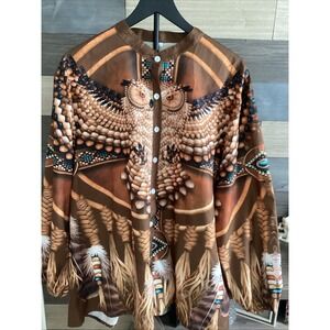 Tribal Owl Design Woman 3XL With Feather Print Button Down Blouse